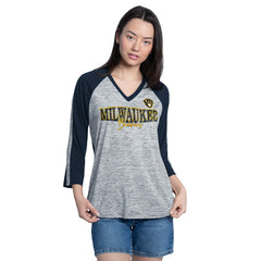 Milwaukee Brewers G-III 4Her by Carl Banks Women's Speed Training 3/4-Sleeve Rhinestone V-Neck T-Shirt - Navy/Heather Navy