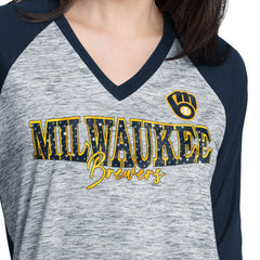 Milwaukee Brewers G-III 4Her by Carl Banks Women's Speed Training 3/4-Sleeve Rhinestone V-Neck T-Shirt - Navy/Heather Navy