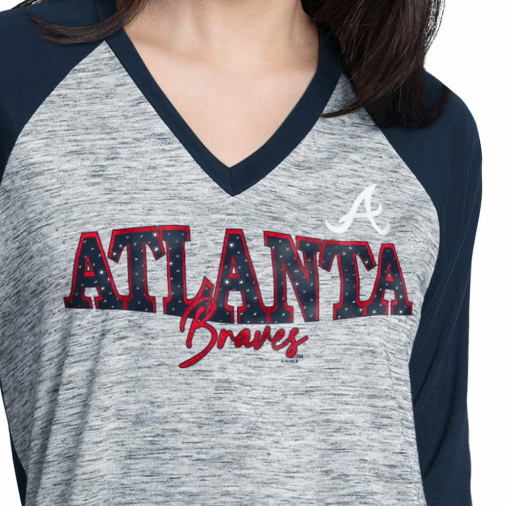 Atlanta Braves G-III 4Her by Carl Banks Women's Speed Training 3/4-Sleeve Rhinestone V-Neck T-Shirt - Navy/Heather Navy