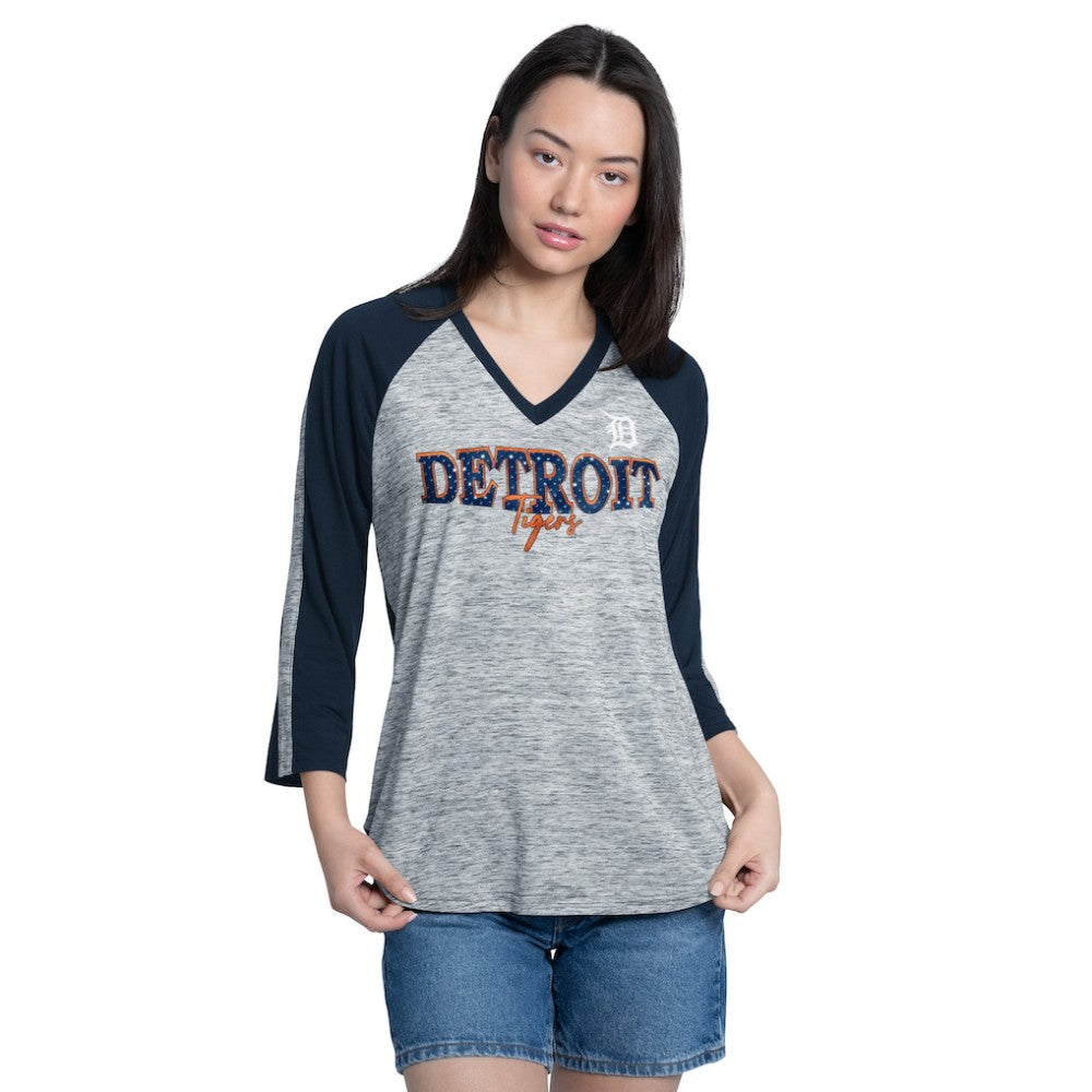 Detroit Tigers G-III 4Her by Carl Banks Women's Speed Training 3/4-Sleeve Rhinestone V-Neck T-Shirt - Navy/Heather Navy