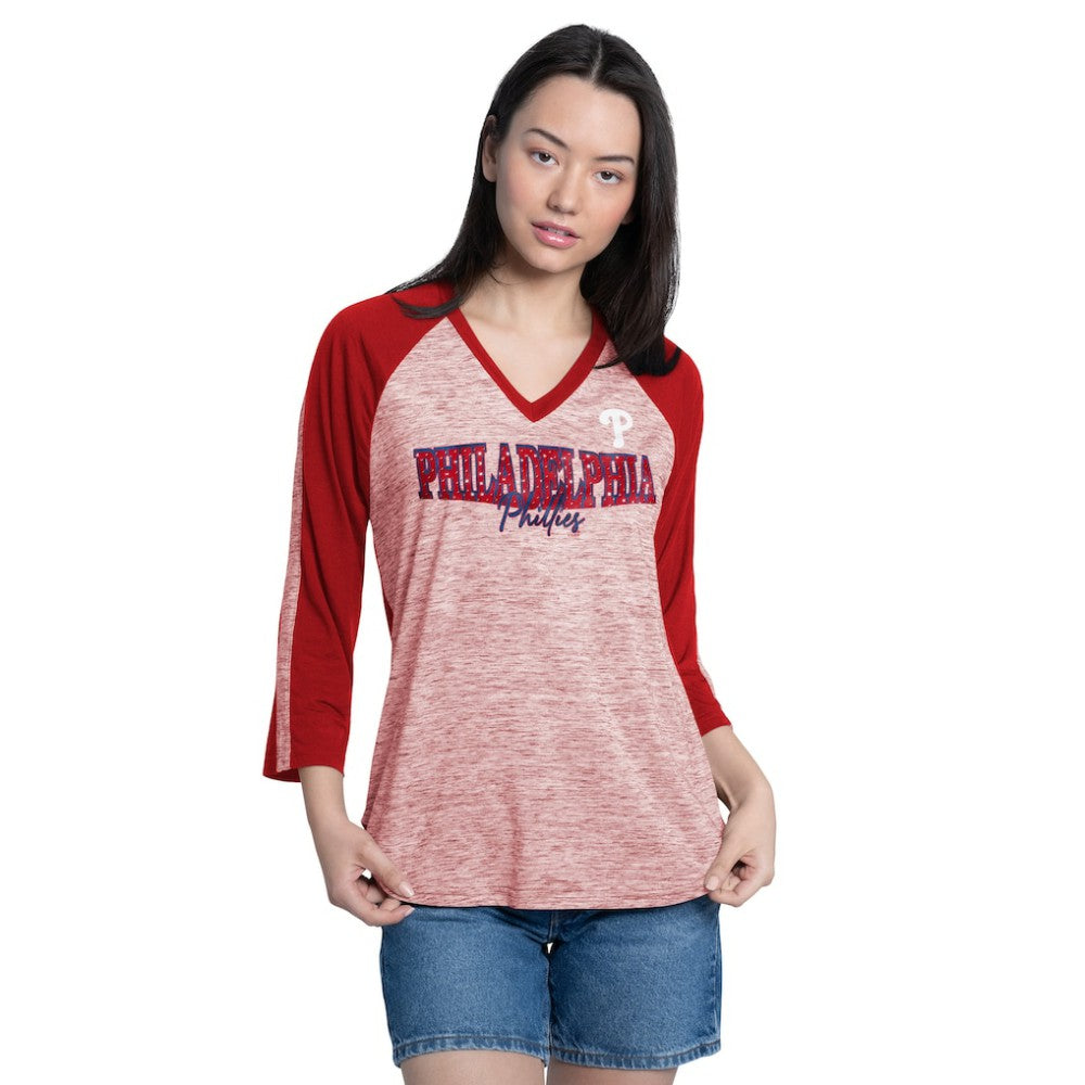 Philadelphia Phillies G-III 4Her by Carl Banks Women's Speed Training 3/4-Sleeve Rhinestone V-Neck T-Shirt - Red/Heather Red