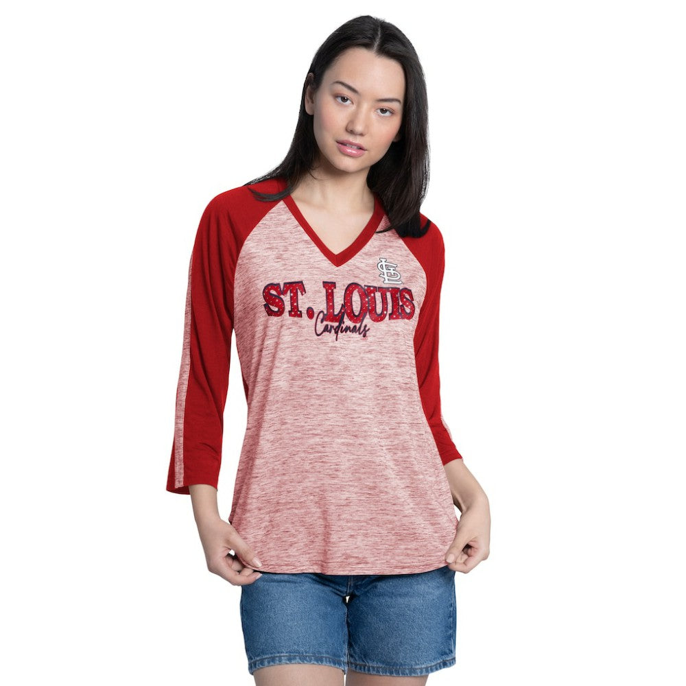 St. Louis Cardinals G-III 4Her by Carl Banks Women's Speed Training 3/4-Sleeve Rhinestone V-Neck T-Shirt - Red/Heather Red