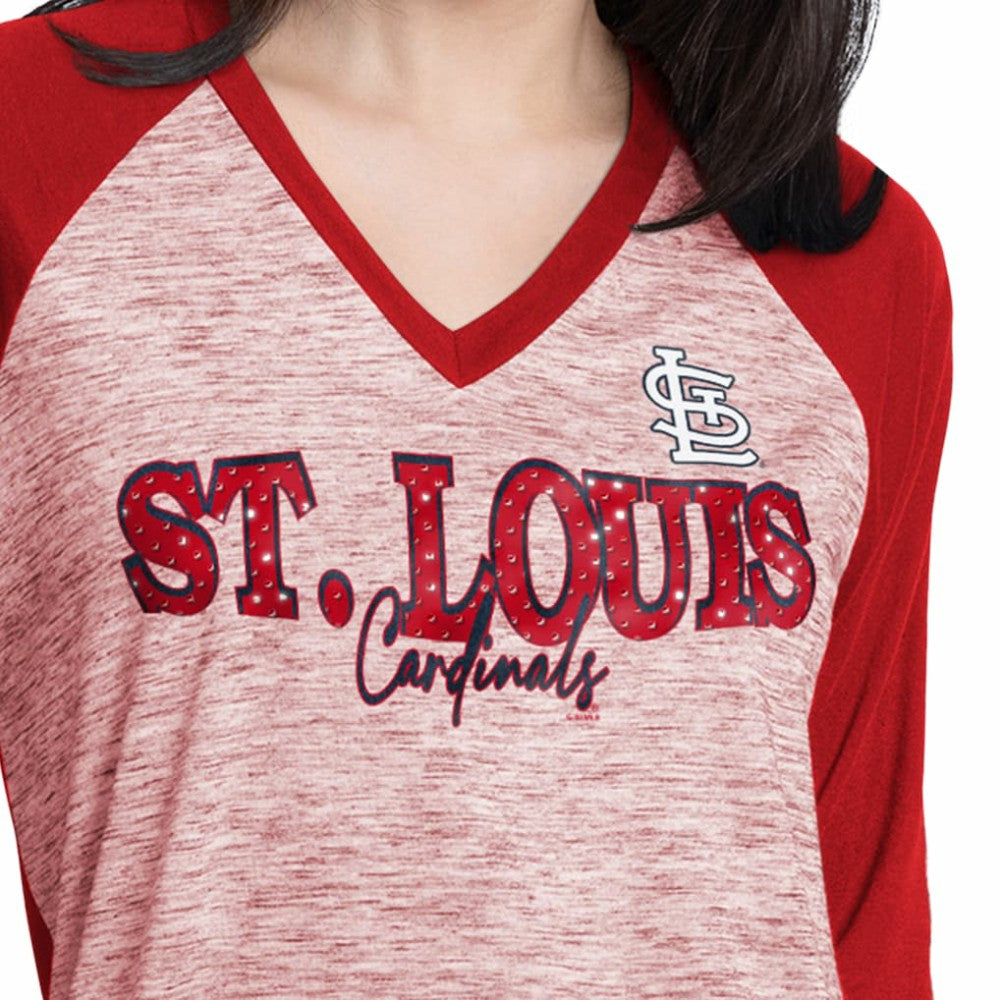 St. Louis Cardinals G-III 4Her by Carl Banks Women's Speed Training 3/4-Sleeve Rhinestone V-Neck T-Shirt - Red/Heather Red