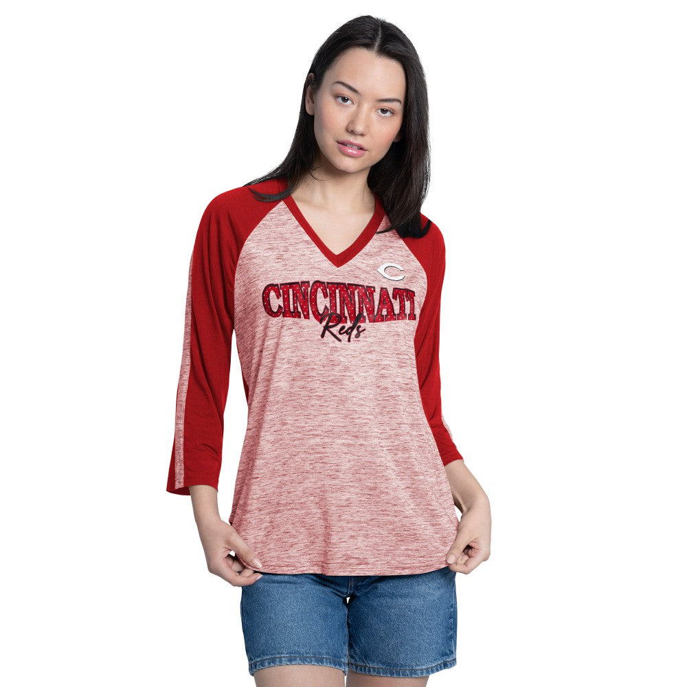 Cincinnati Reds G-III 4Her by Carl Banks Women's Speed Training 3/4-Sleeve Rhinestone V-Neck T-Shirt - Red/Heather Red