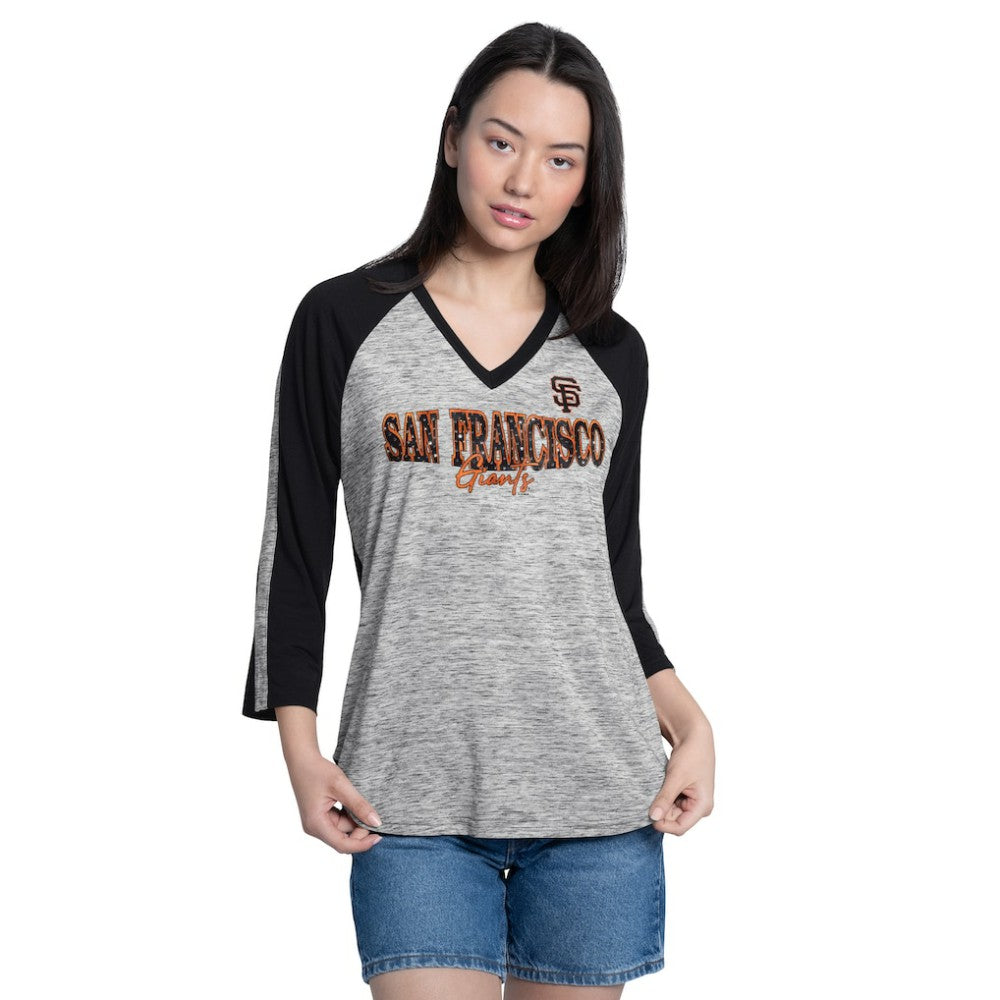 San Francisco Giants G-III 4Her by Carl Banks Women's Speed Training 3/4-Sleeve Rhinestone V-Neck T-Shirt - Black/Heather Black