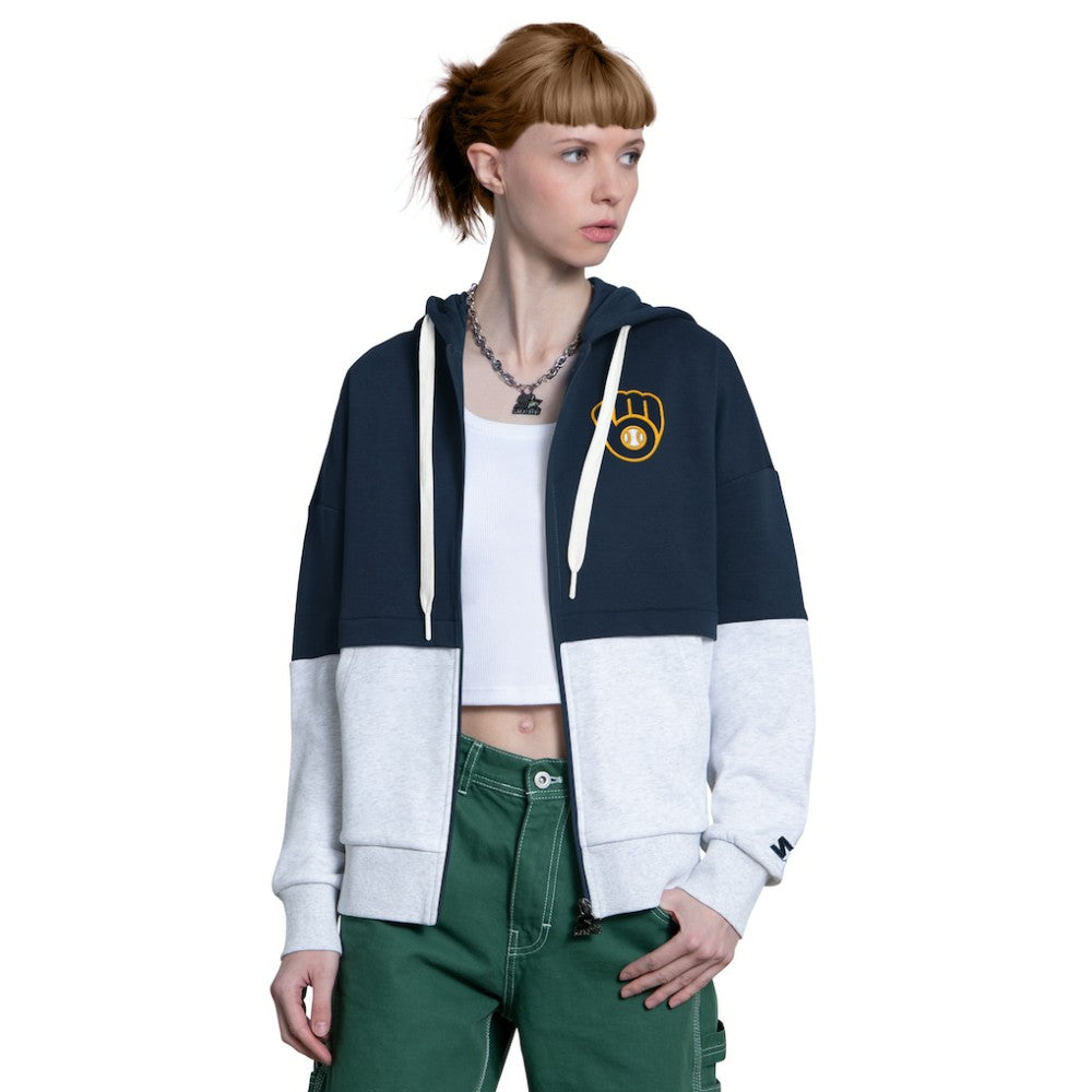 Milwaukee Brewers Starter Women's Wishbone Full-Zip Hoodie - Navy/Heather Gray
