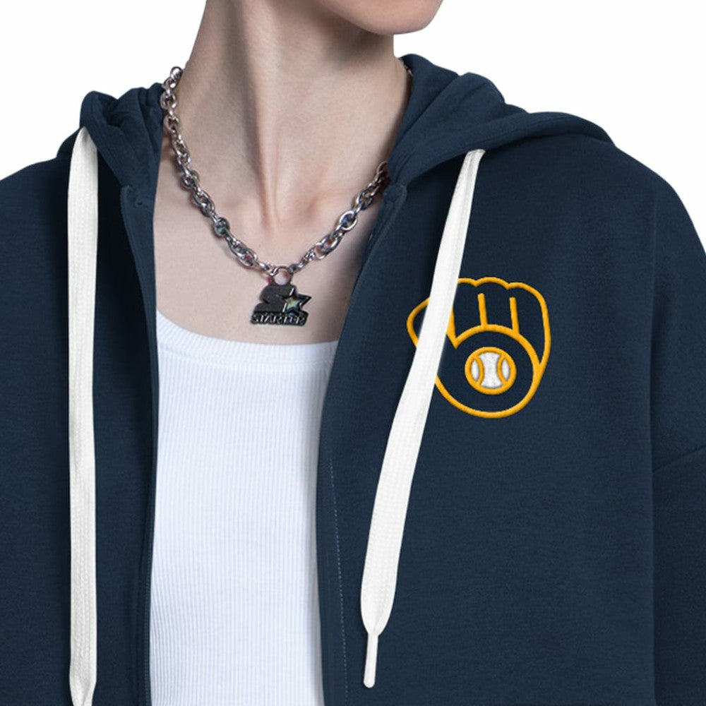 Milwaukee Brewers Starter Women's Wishbone Full-Zip Hoodie - Navy/Heather Gray