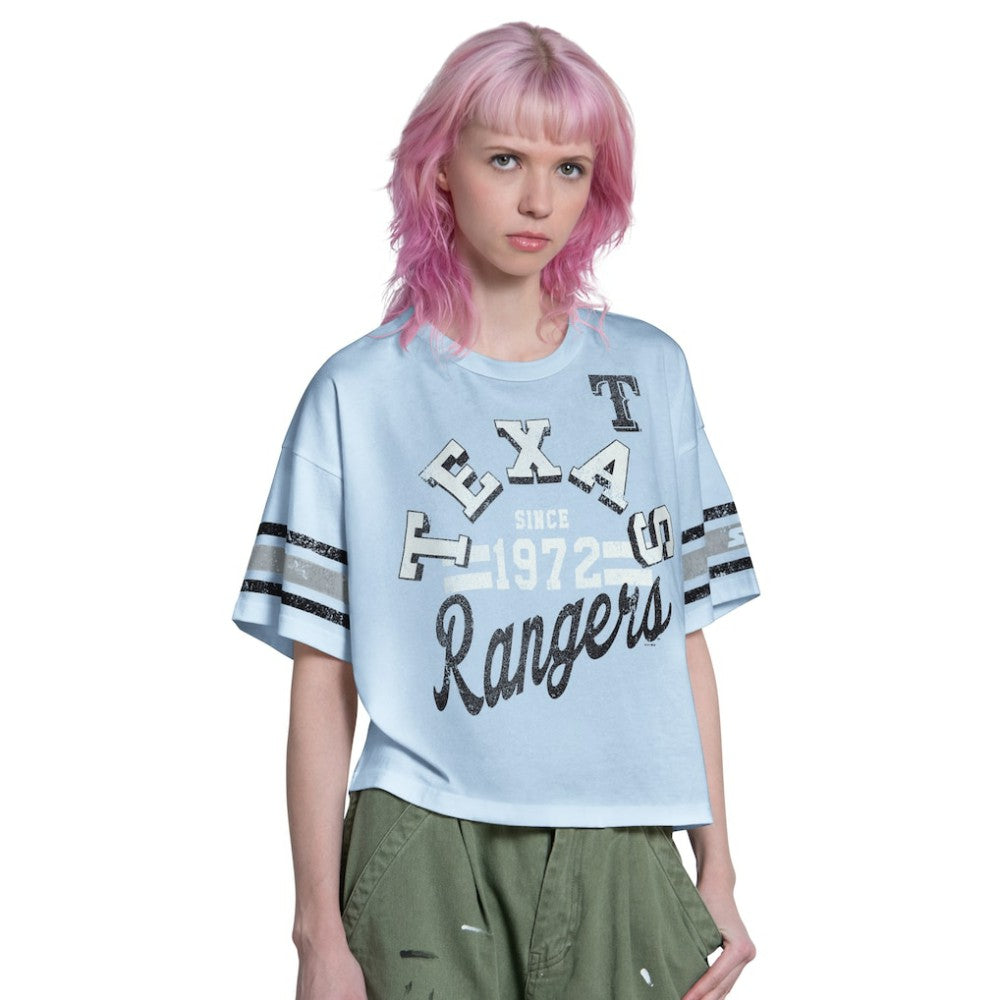 Texas Rangers Starter Women's Cropped Hurry Up Offense T-Shirt - Light Blue