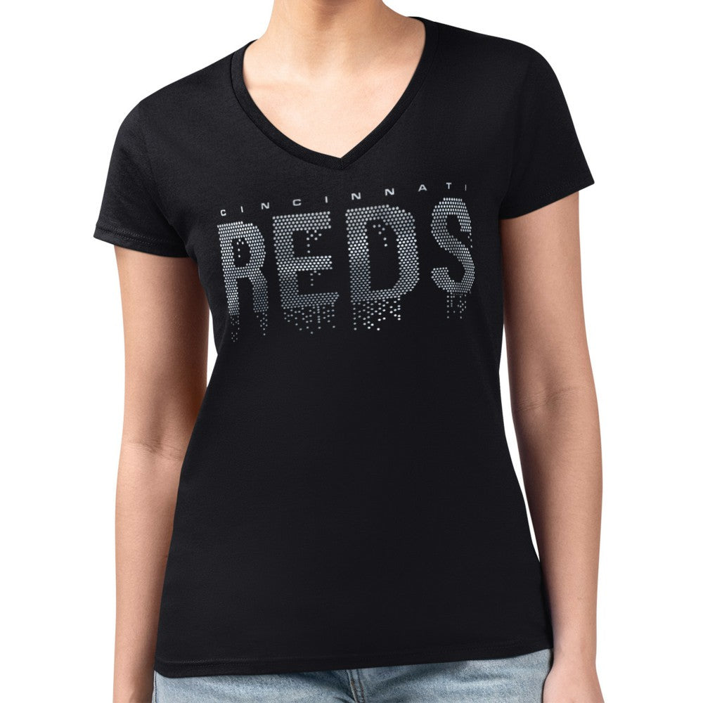 Cincinnati Reds G-III 4Her by Carl Banks Women's Metallic Drop Lightweight V-Neck T-Shirt - Black
