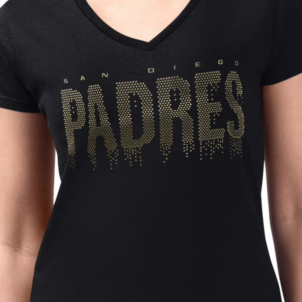 San Diego Padres G-III 4Her by Carl Banks Women's Metallic Drop Lightweight V-Neck T-Shirt - Black