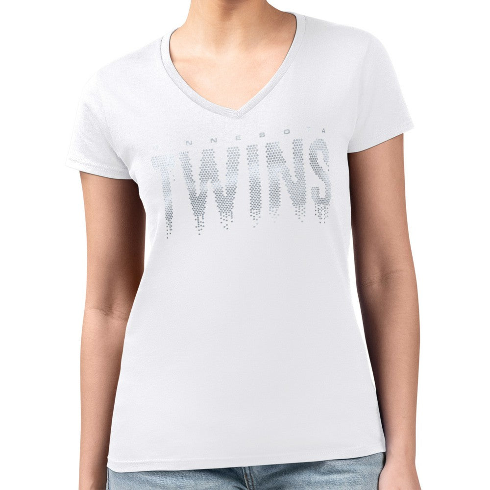 Minnesota Twins G-III 4Her by Carl Banks Women's Metallic Drop Lightweight V-Neck T-Shirt - White