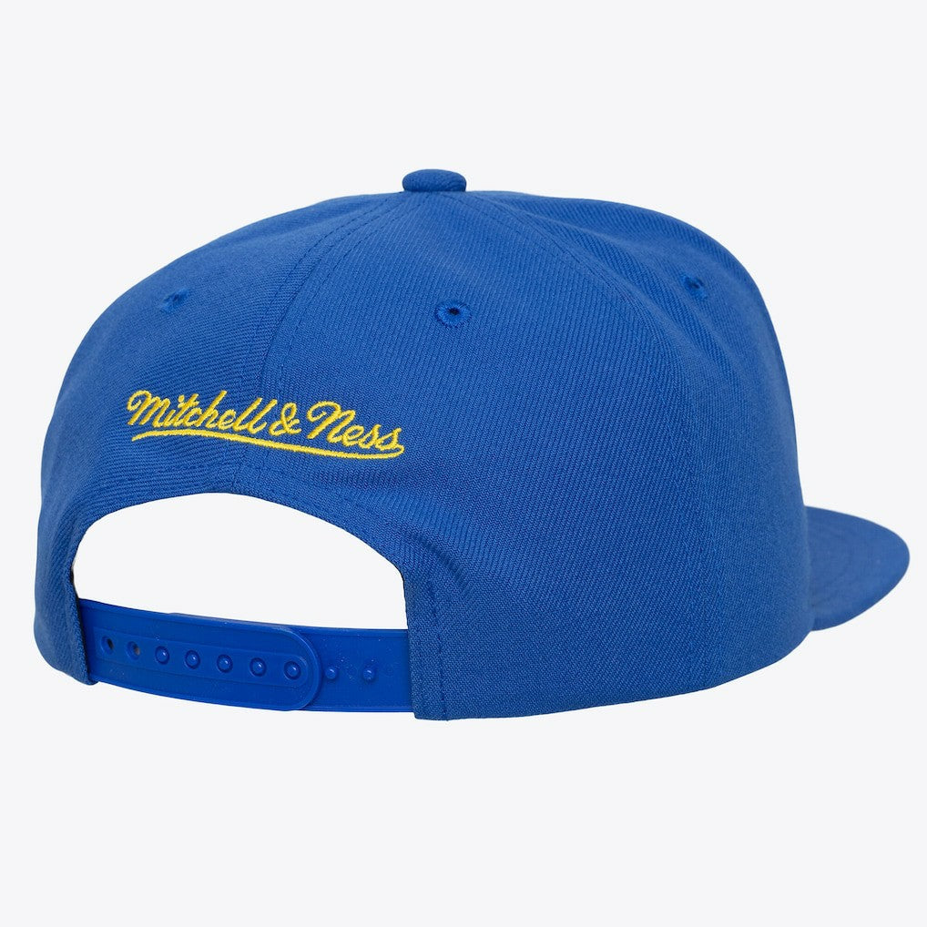 Golden State Warriors Hardwood Classics Old School Stacked Text Snapback Hat sale - Royal | Mitchell & Ness sale