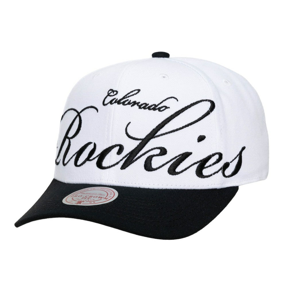 Colorado Rockies Unisex XL Script Pro Crown Snapback Hat - White/Black | Mitchell & Ness