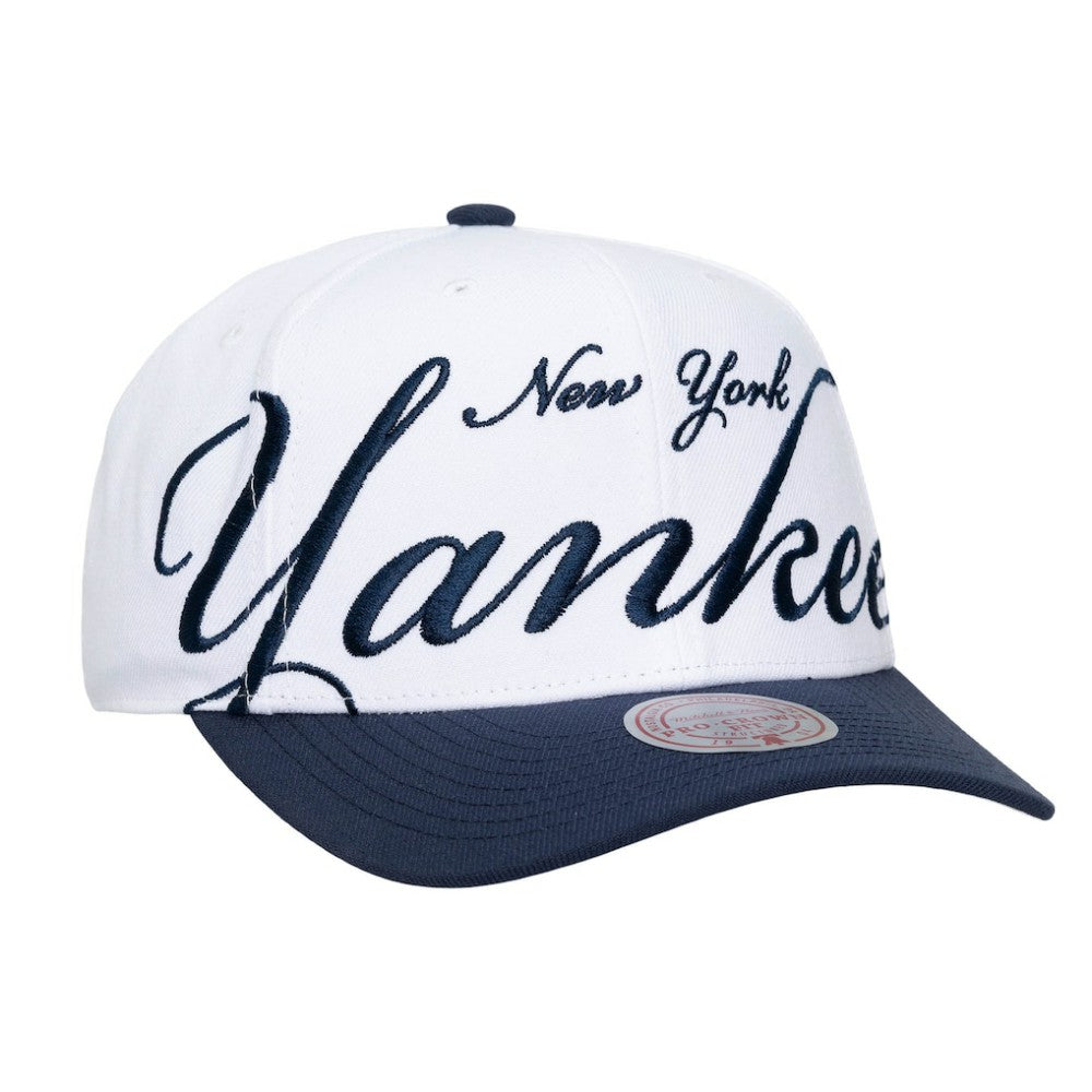 New York Yankees Unisex XL Script Pro Crown Adjustable Hat - White/Navy | Mitchell & Ness
