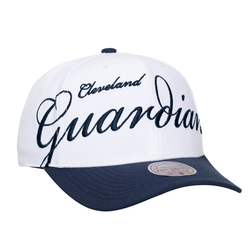 Cleveland Guardians Unisex XL Script Pro Crown Snapback Hat - White/Navy | Mitchell & Ness