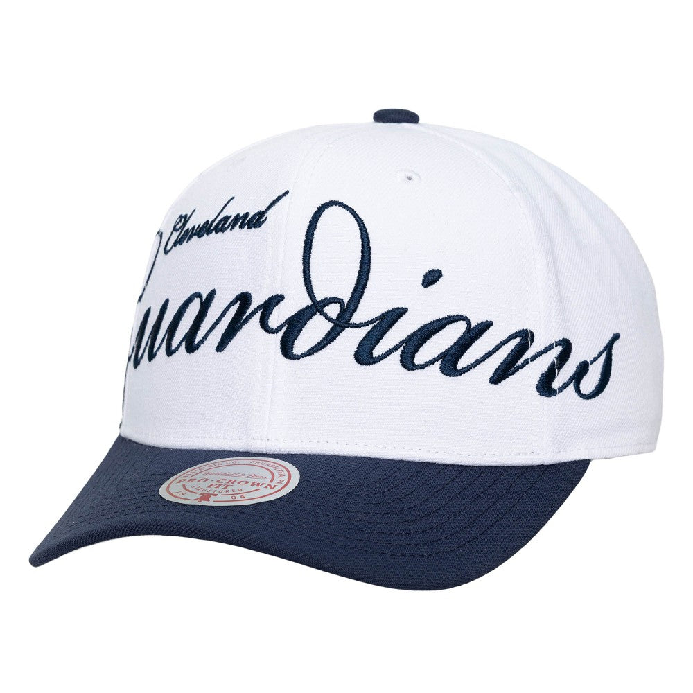 Cleveland Guardians Unisex XL Script Pro Crown Snapback Hat - White/Navy | Mitchell & Ness