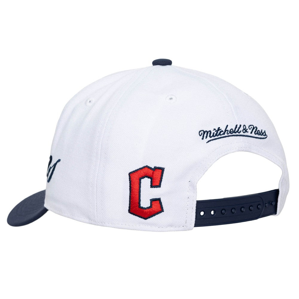 Cleveland Guardians Unisex XL Script Pro Crown Snapback Hat - White/Navy | Mitchell & Ness