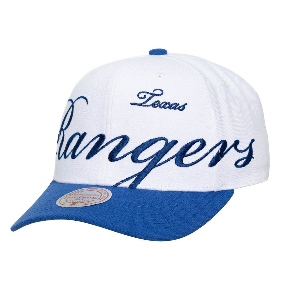 Texas Rangers Unisex XL Script Pro Crown Adjustable Hat - White/Royal | Mitchell & Ness