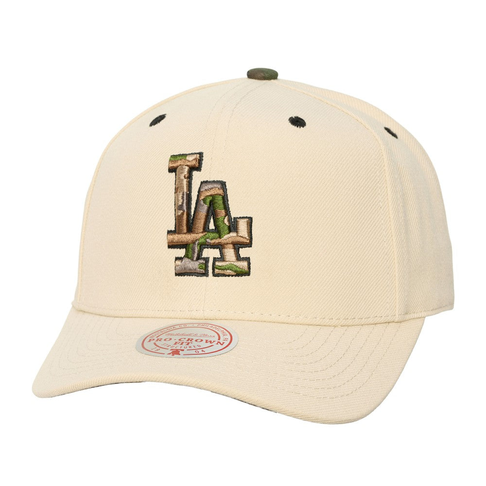 Los Angeles Dodgers Unisex Camo Logo Pro Crown Snapback Hat - Cream | Mitchell & Ness