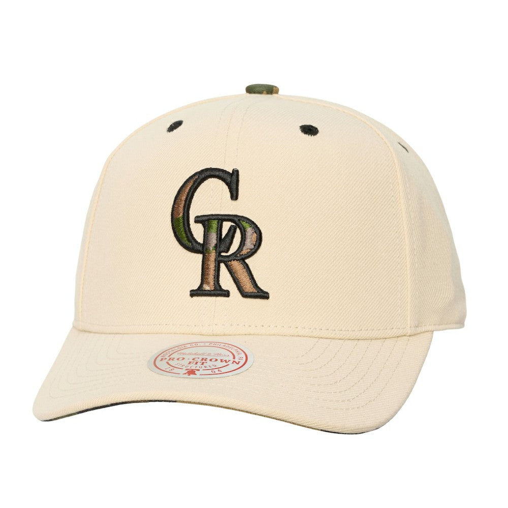 Colorado Rockies Unisex Camo Logo Pro Crown Snapback Hat - Cream | Mitchell & Ness
