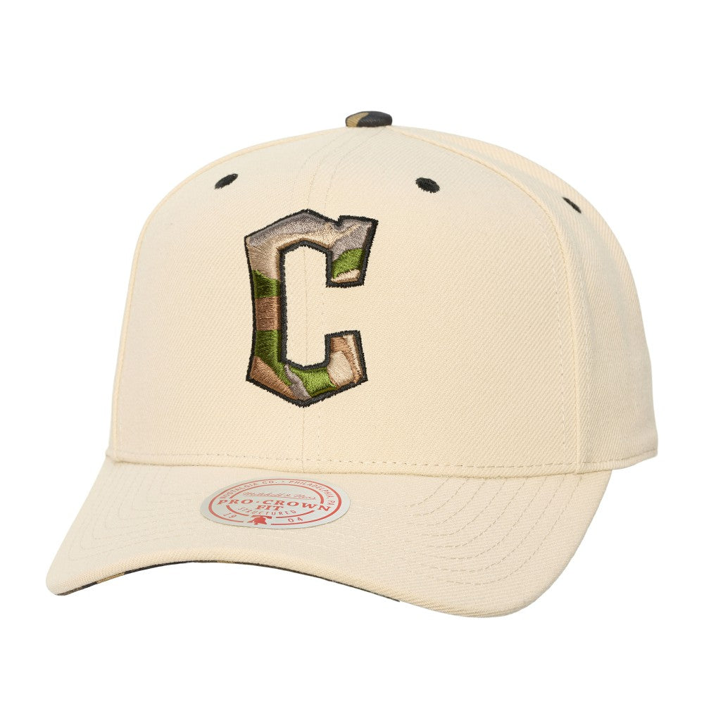 Cleveland Guardians Unisex Camo Logo Pro Crown Snapback Hat - Cream | Mitchell & Ness