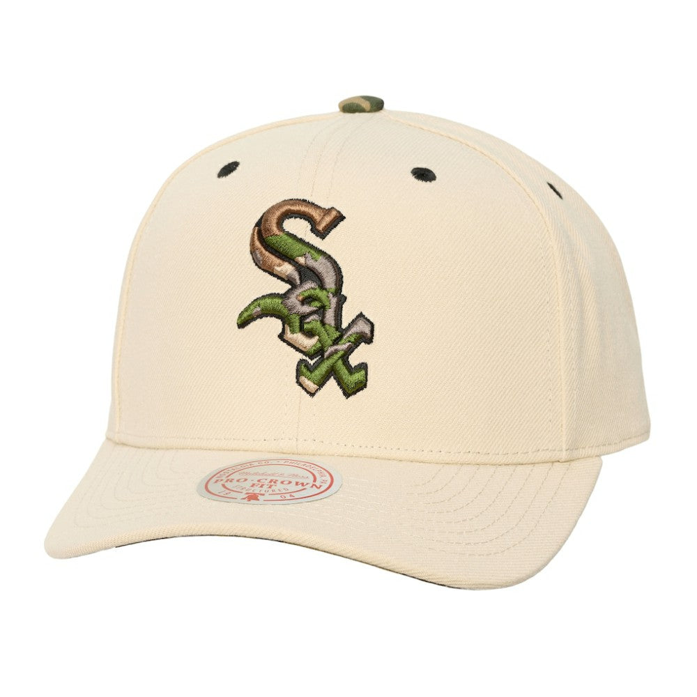 Chicago White Sox Unisex Camo Logo Pro Crown Snapback Hat - Cream | Mitchell & Ness