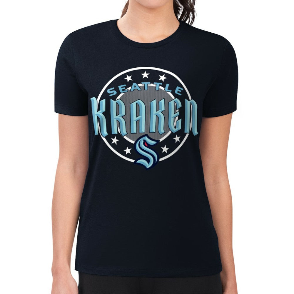 Seattle Kraken G-III 4Her by Carl Banks Women's Super-Slim Lightweight Pinstripe Circle Graphic T-Shirt Navy