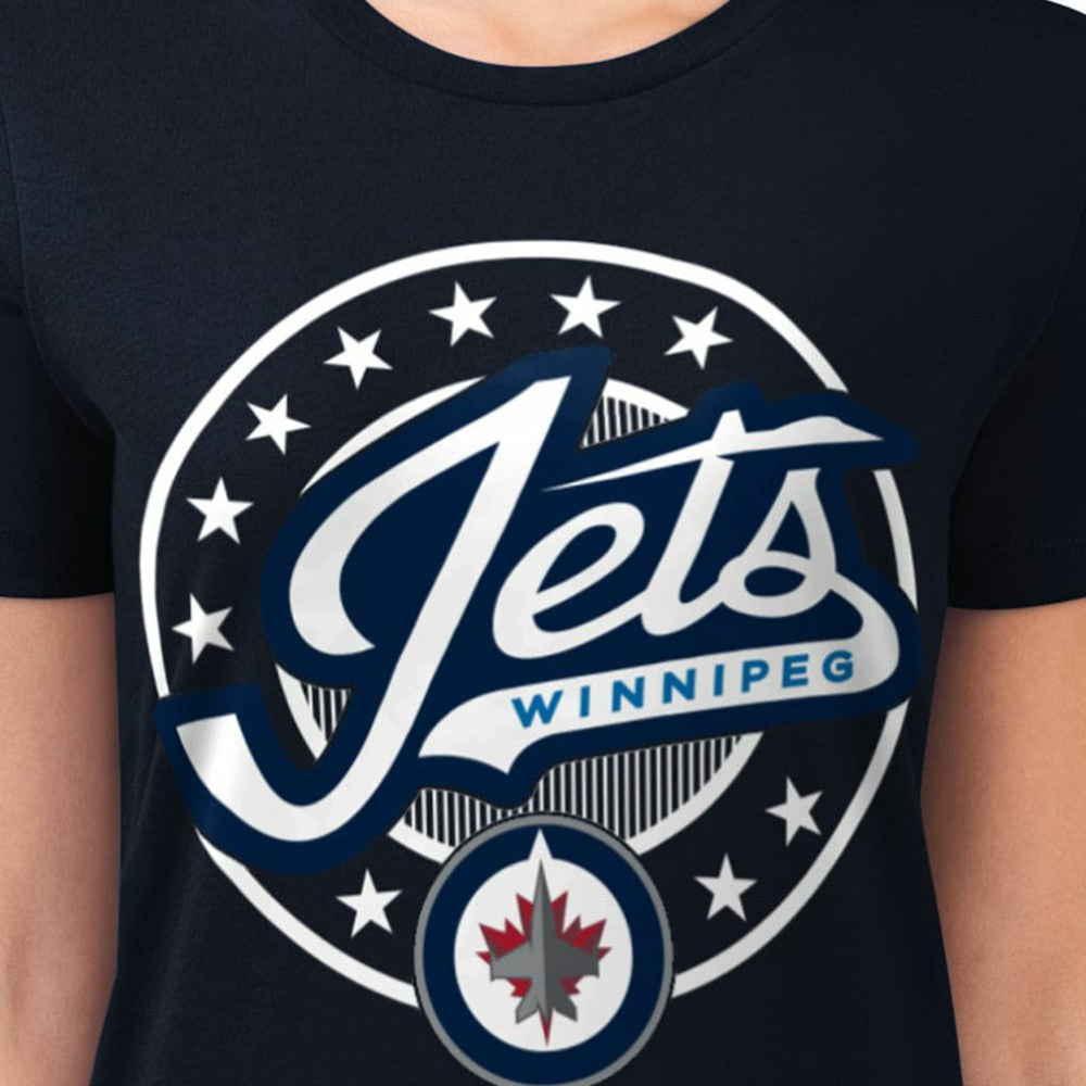 Winnipeg Jets G-III 4Her by Carl Banks Women's Super-Slim Lightweight Pinstripe Circle Graphic T-Shirt Navy