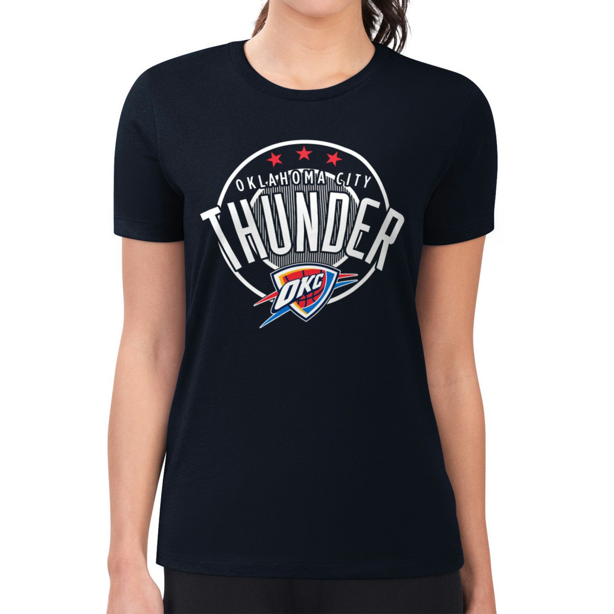 Oklahoma City Thunder G-III 4Her by Carl Banks Women's Super-Slim Lightweight Pinstripe Circle Graphic T-Shirt - Navy on sale