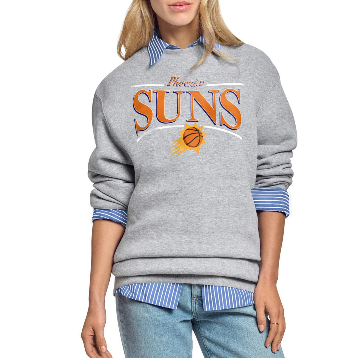 Phoenix Suns Starter Women's Arch Stripe Fleece Crewneck Sweatshirt - Gray for sale