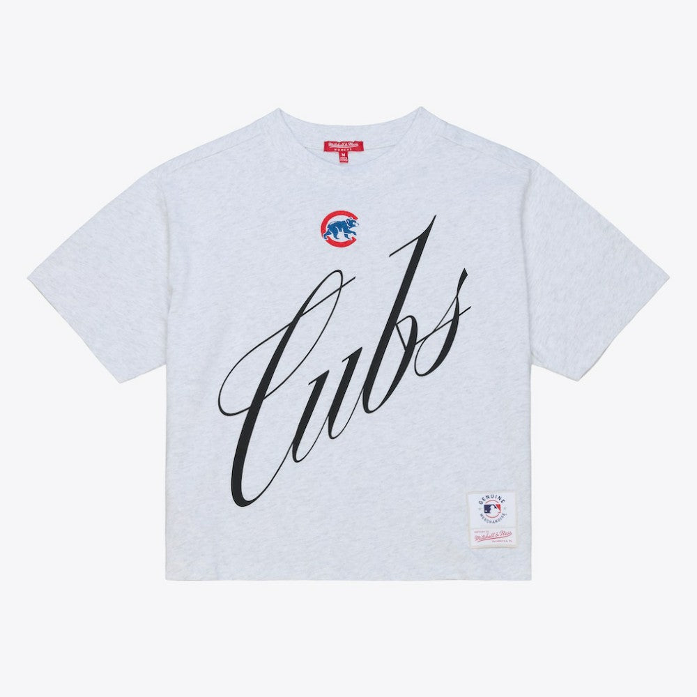 Chicago Cubs Women's Script Cropped Boxy T-Shirt - Heather Gray | Mitchell & Ness