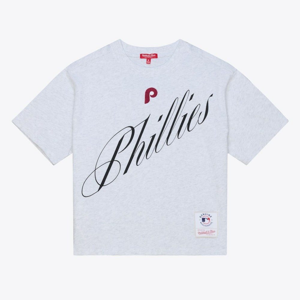Philadelphia Phillies Women's Script Cropped Boxy T-Shirt - Heather Gray | Mitchell & Ness