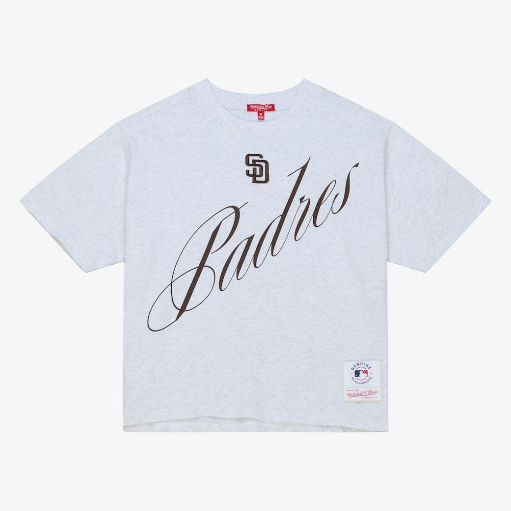 San Diego Padres Women's Script Cropped Boxy T-Shirt - Heather Gray | Mitchell & Ness