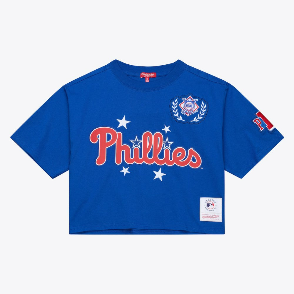 Philadelphia Phillies Women's Pep Rally Cropped Boxy T-Shirt - Royal | Mitchell & Ness