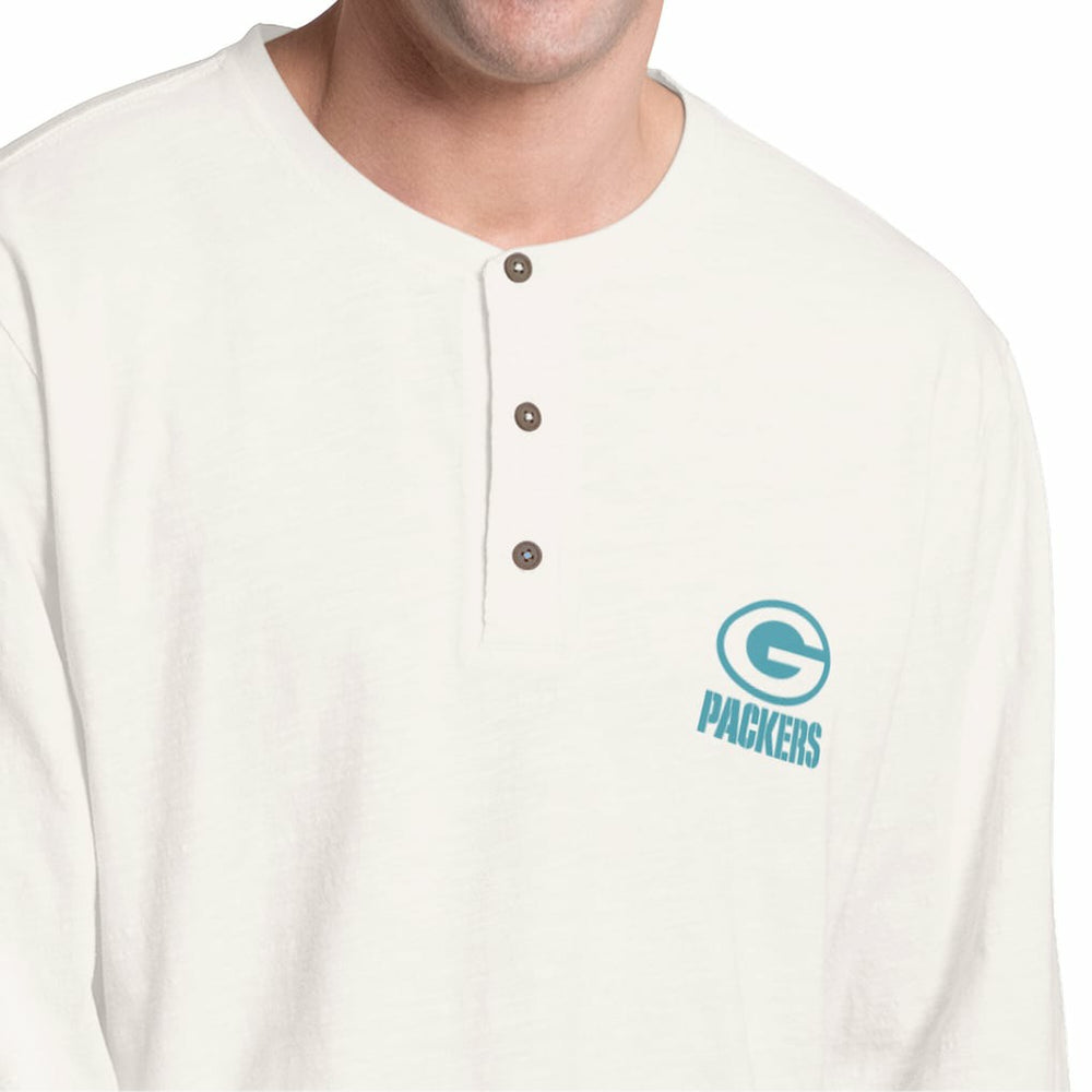 Green Bay Packers Margaritaville Island Reserve Long Sleeve Slub Henley Shirt - White/Light Blue for sale