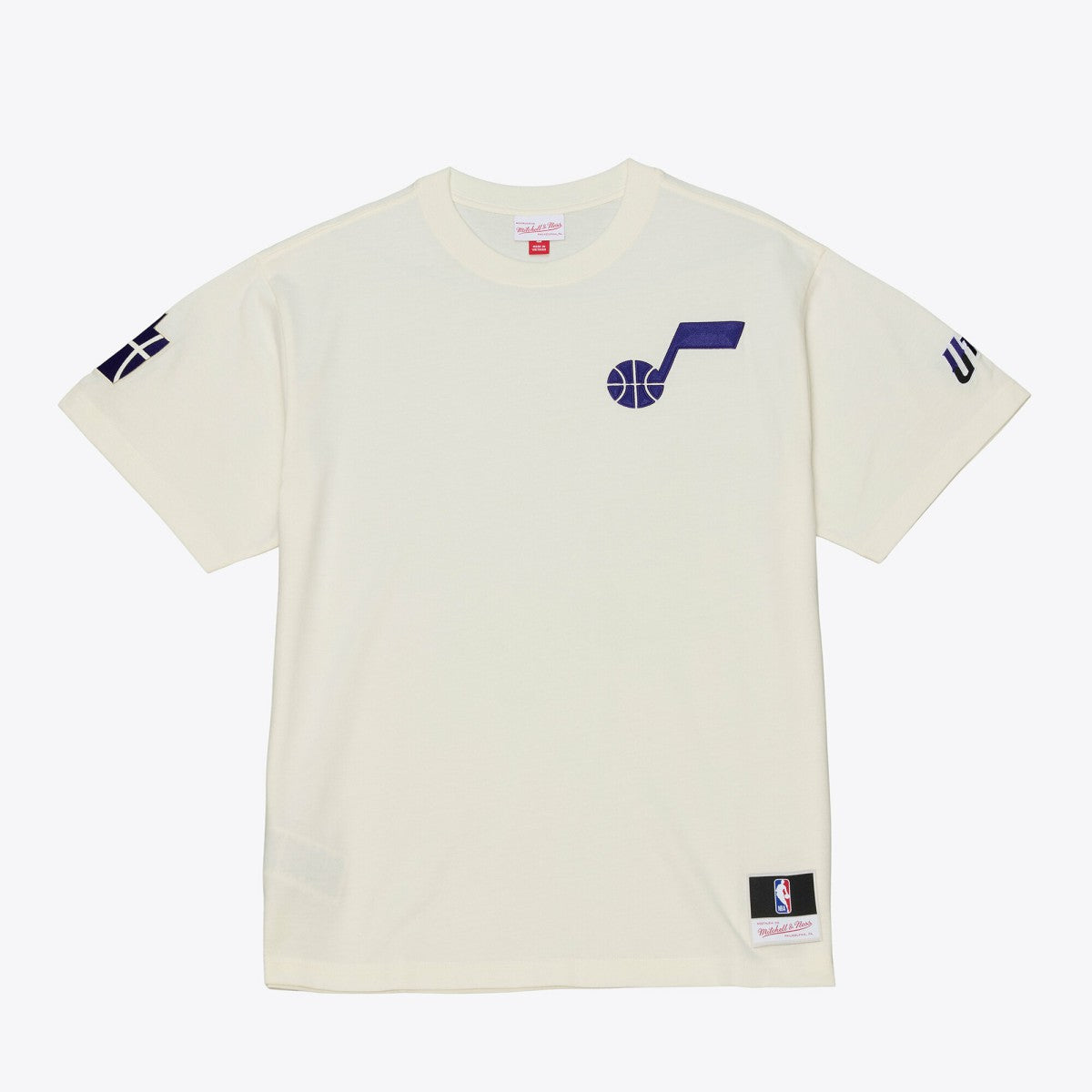 Utah Jazz Hardwood Classics Chainstitch Premium T-Shirt - Cream | Mitchell & Ness online
