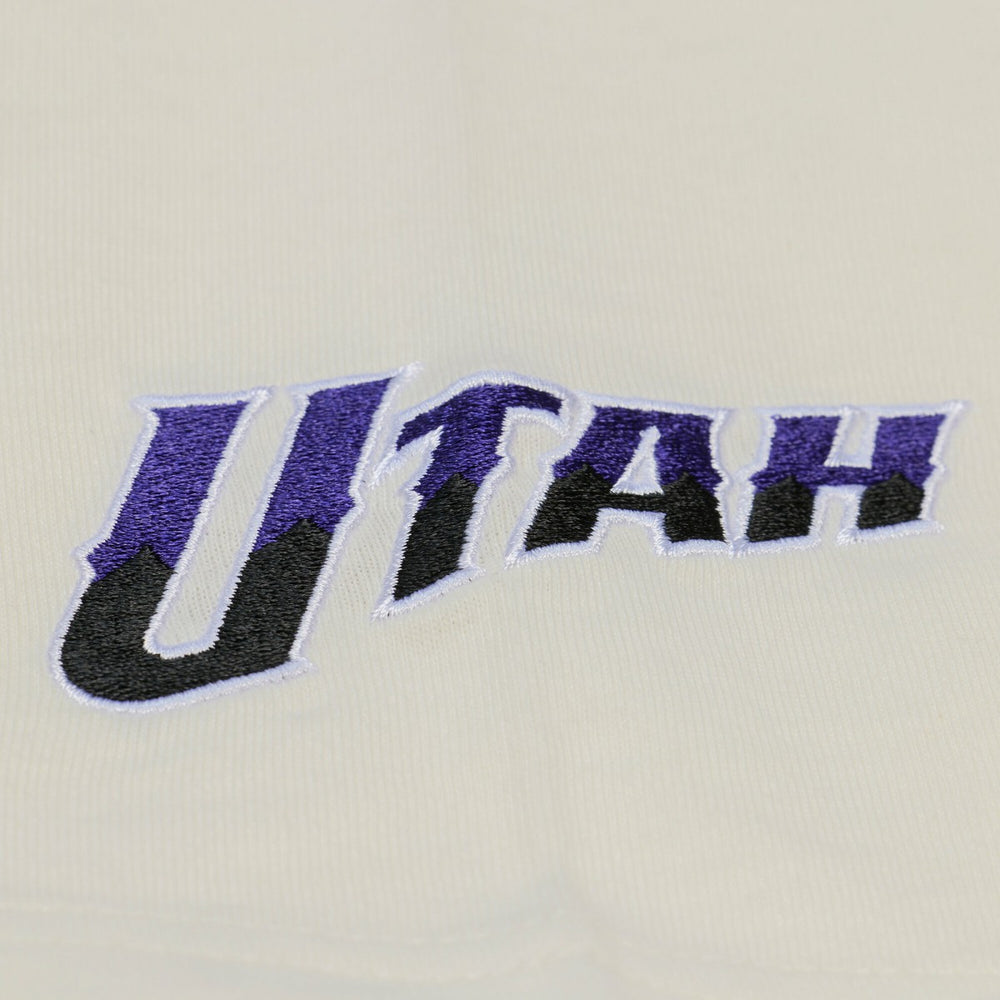 Utah Jazz Hardwood Classics Chainstitch Premium T-Shirt - Cream | Mitchell & Ness online