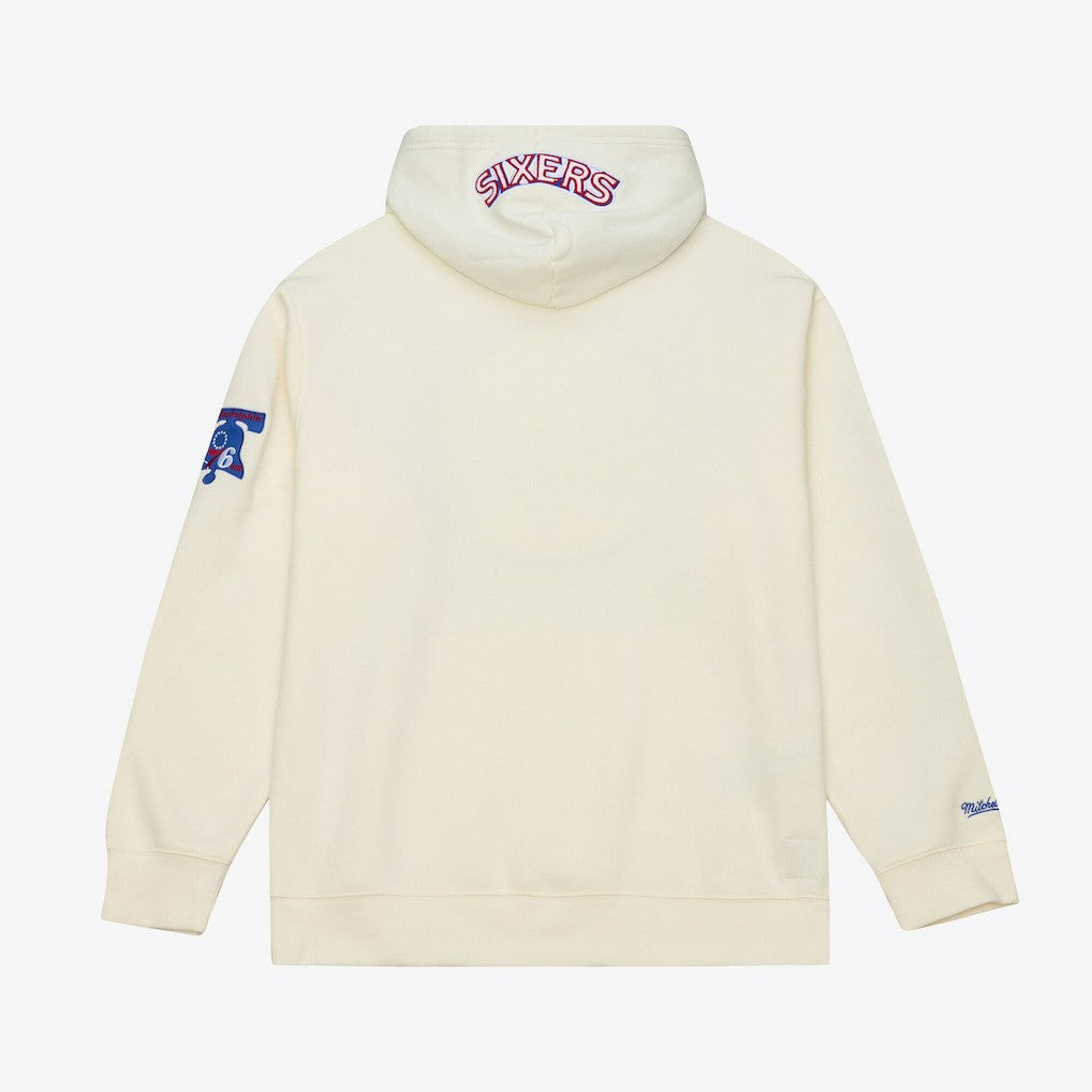 Philadelphia 76ers Hardwood Classics Chainstitch Premium Fleece Hoodie - Cream | Mitchell & Ness for sale