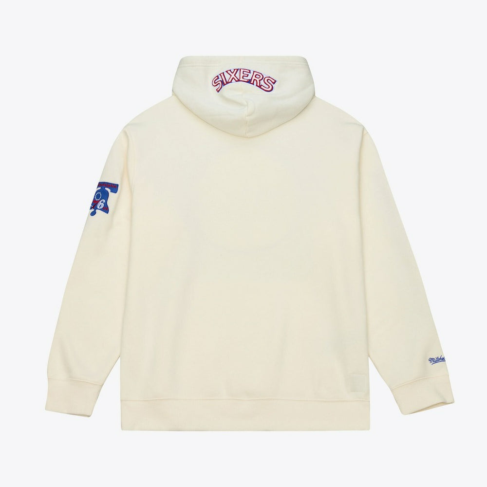 Philadelphia 76ers Hardwood Classics Chainstitch Premium Fleece Hoodie - Cream | Mitchell & Ness for sale