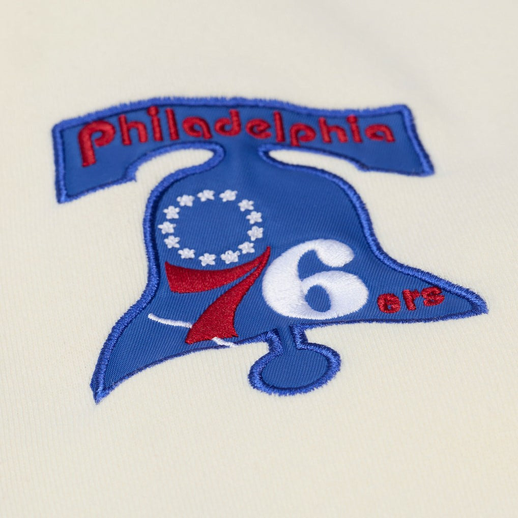 Philadelphia 76ers Hardwood Classics Chainstitch Premium Fleece Hoodie - Cream | Mitchell & Ness for sale