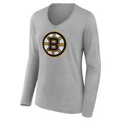 Boston Bruins Women's Primary Logo Long Sleeve V-Neck T-Shirt Gray