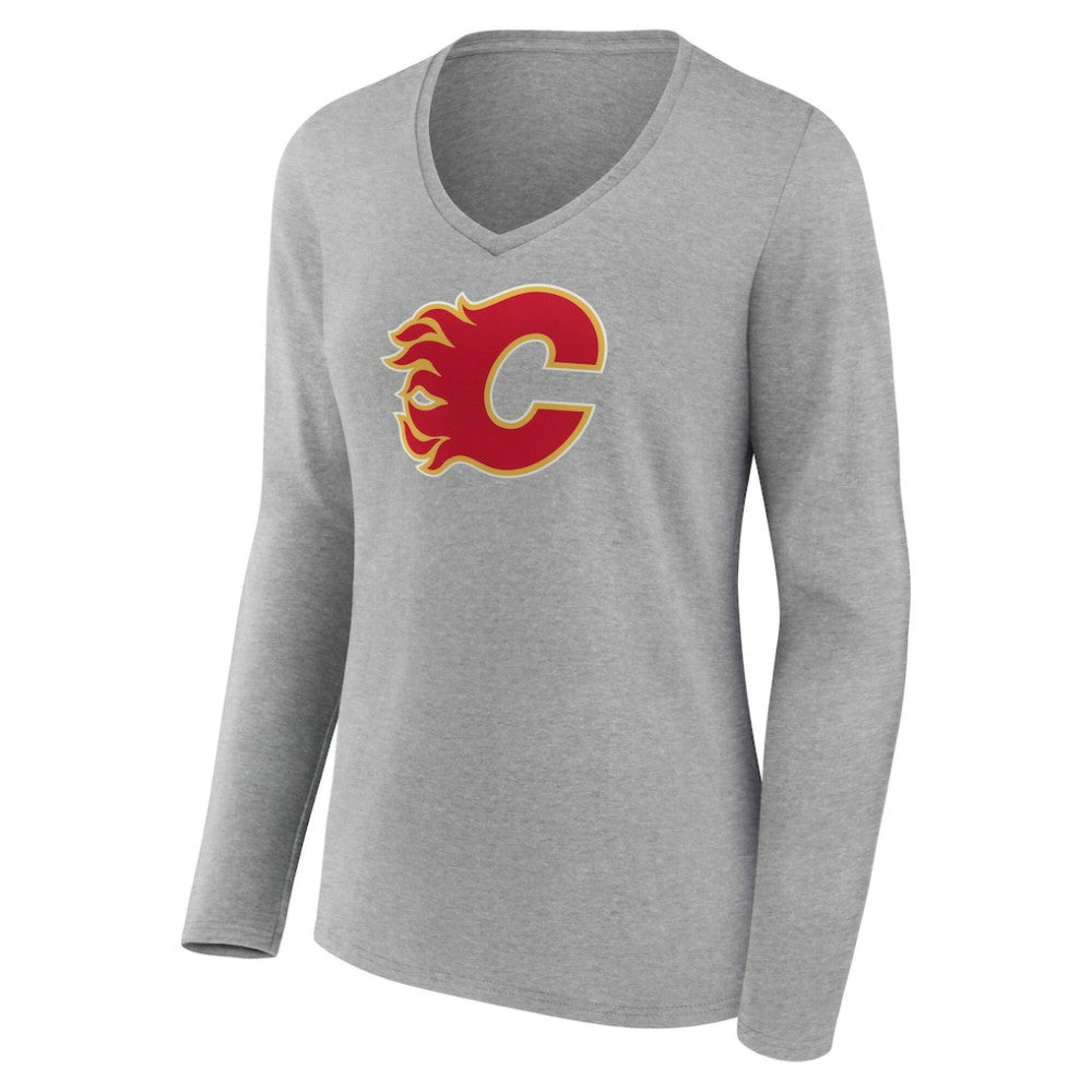 Calgary Flames Women's Primary Logo Long Sleeve V-Neck T-Shirt Gray