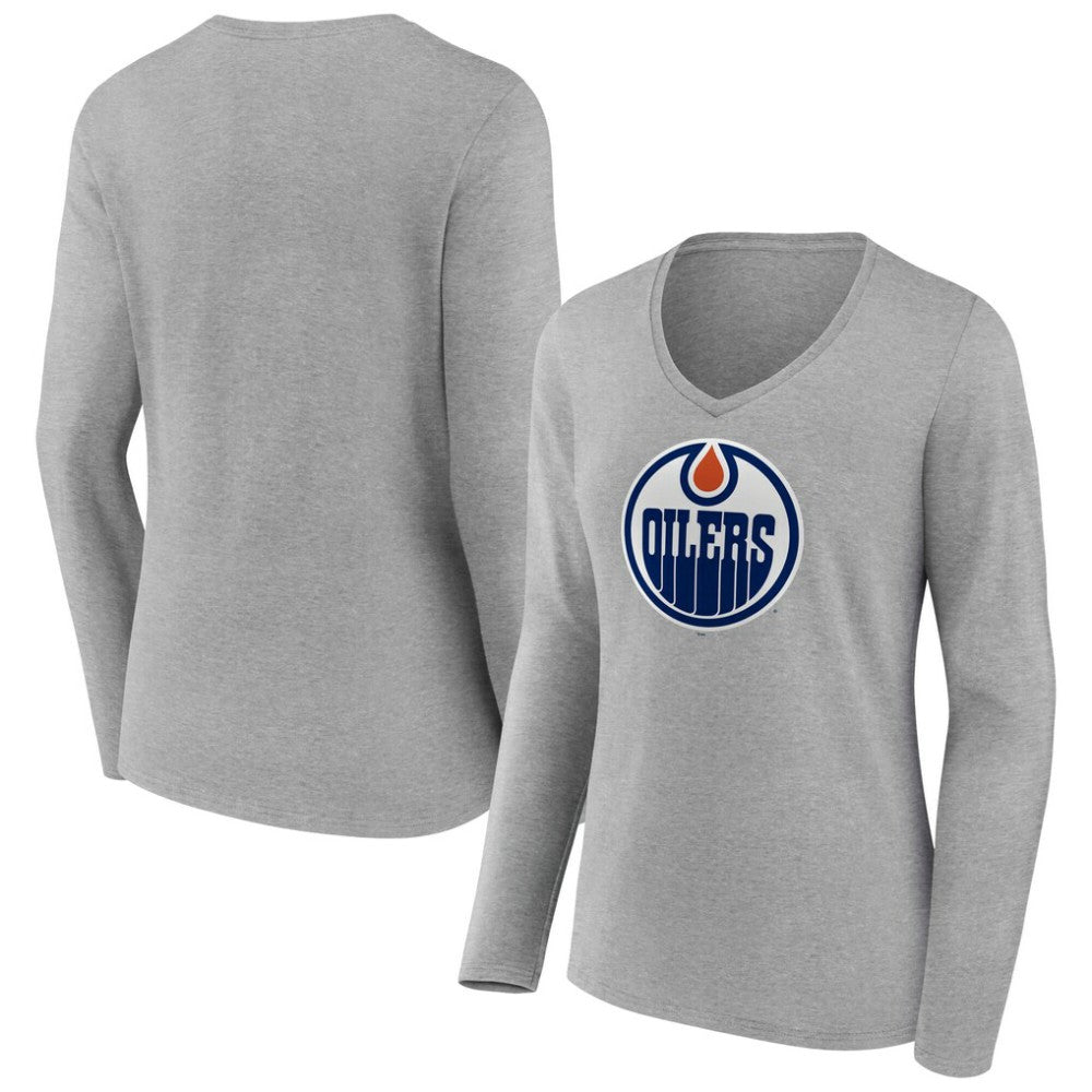 Edmonton Oilers Women's Primary Logo Long Sleeve V-Neck T-Shirt Gray