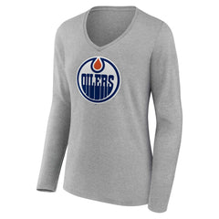 Edmonton Oilers Women's Primary Logo Long Sleeve V-Neck T-Shirt Gray