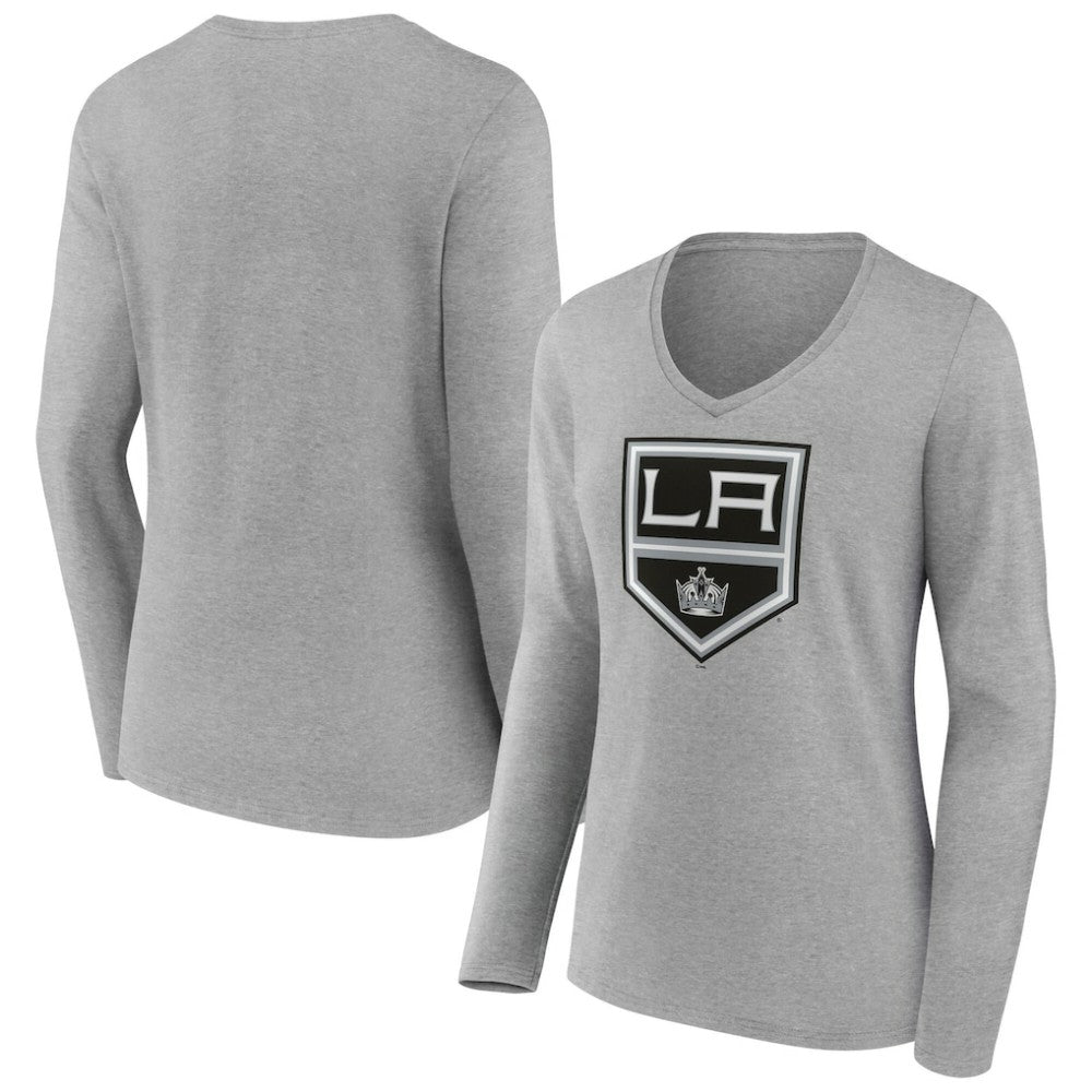 Los Angeles Kings Women's Primary Logo Long Sleeve V-Neck T-Shirt Gray