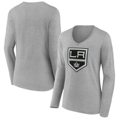 Los Angeles Kings Women's Primary Logo Long Sleeve V-Neck T-Shirt Gray