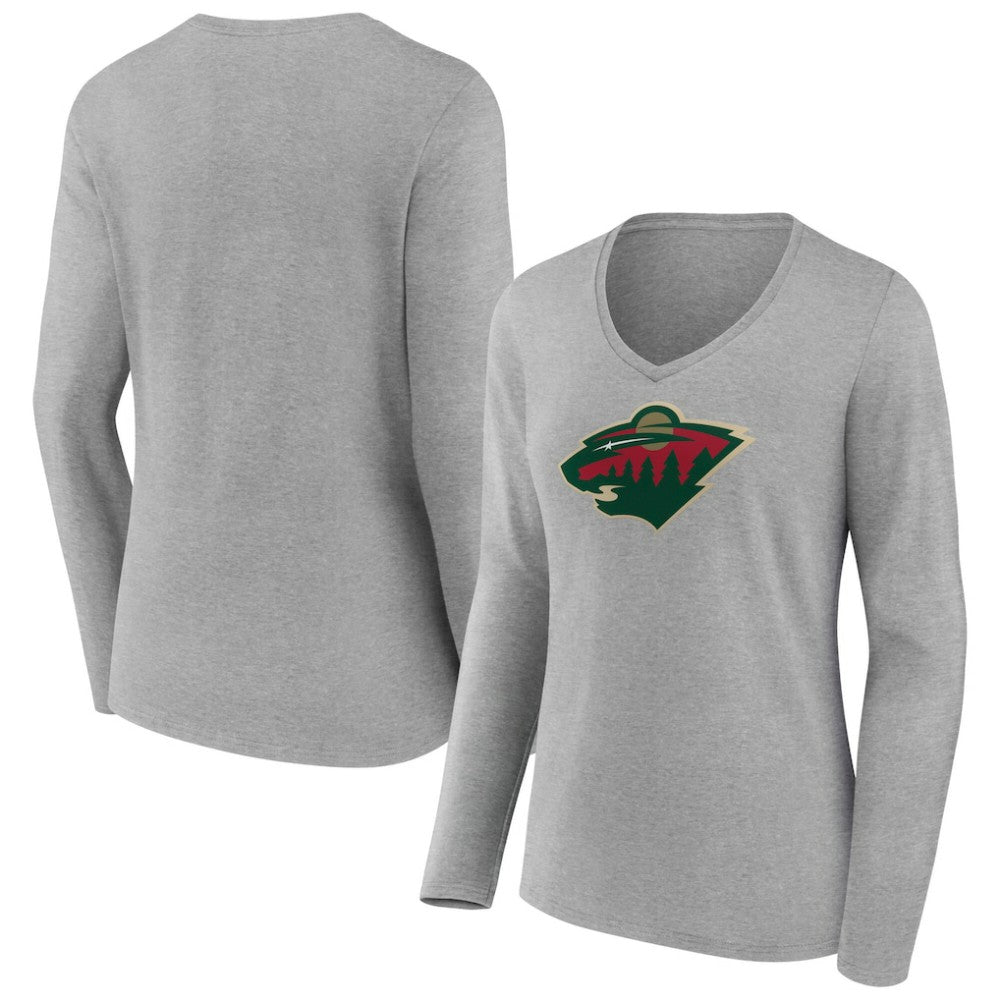 Minnesota Wild Women's Primary Logo Long Sleeve V-Neck T-Shirt Gray