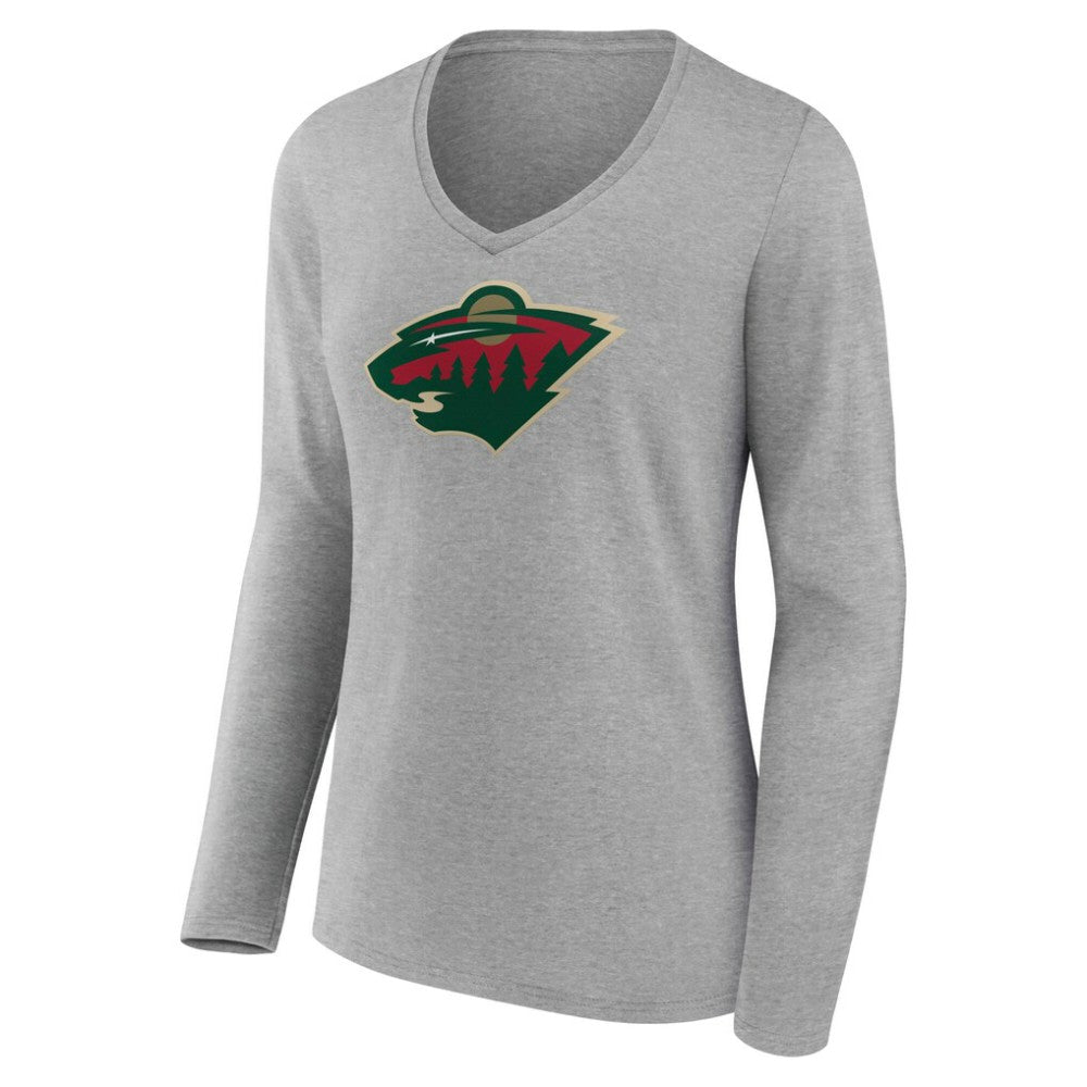 Minnesota Wild Women's Primary Logo Long Sleeve V-Neck T-Shirt Gray