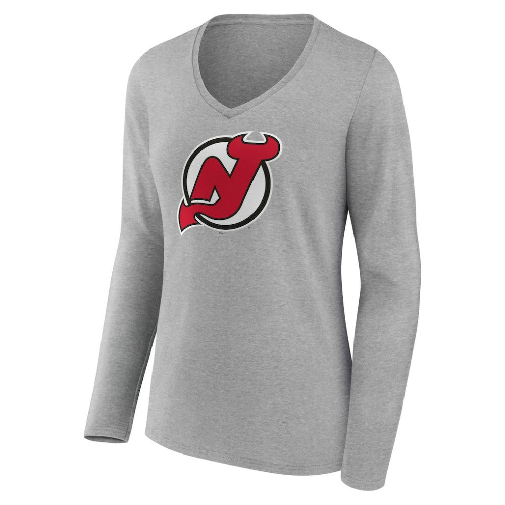 New Jersey Devils Women's Primary Logo Long Sleeve V-Neck T-Shirt Gray