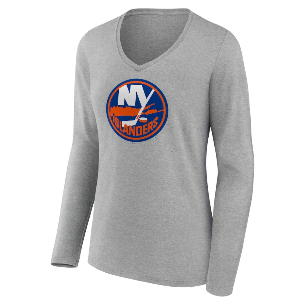 New York Islanders Women's Primary Logo Long Sleeve V-Neck T-Shirt Gray